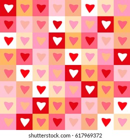 abstract background of colorful squares and hearts, place for text, vector illustration

