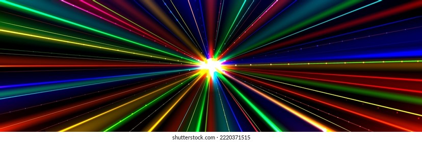 Abstract Background With Colorful Straight Lines Go Form Shining Center. Rainbow Color Rays Radiance, Technology Concept, Digital Data Stream, Cable Connection, Energy Realistic 3d Vector Illustration