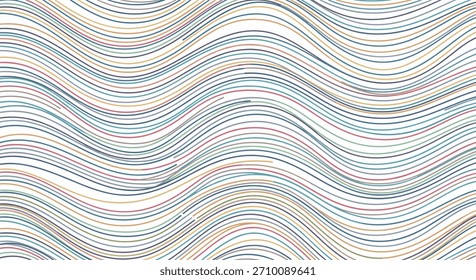 Abstract background of colorful, thin, wavy horizontal lines creating a seamless and gentle, flowing pattern on white.