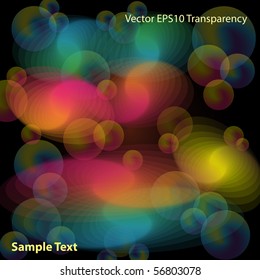 Abstract background with colorful transparent swirls and spheres set on a dark background color. Raster also available.
