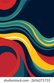 Abstrakter Hintergrund mit bunten Wellen im Retro-Stil. Vintage Bauhaus oder skandinavische Farbwirbel.