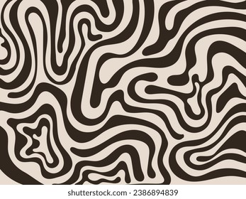 Abstract background with colorful waves. Trendy vector illustration in style retro 60s, 70s. Matisse curves aesthetics. Horizontal banner with doodle bold lines. Mocha Mousse color of the year 2025.