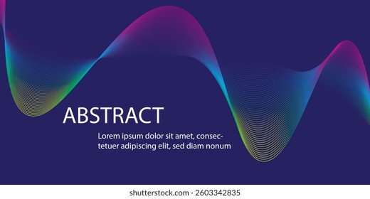 Abstract background with colorful wavy lines on a dark blue backdrop. Features a clean layout with "ABSTRACT" text and placeholder text for your message. Ideal for presentations, websites,