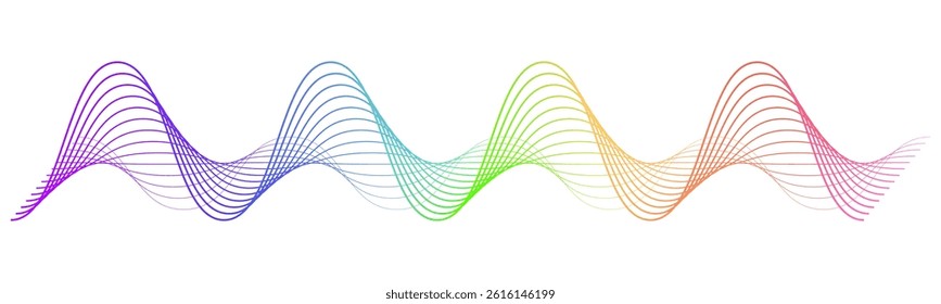 Abstract background with colorful wavy lines. Rainbow gradient spectrum wave flowing in dynamic curve on transparent background. Vector element for social media, cover, banner, flyer, music
