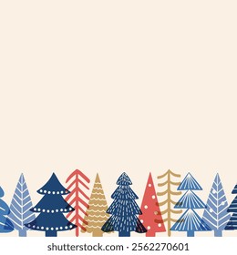 Abstract background with colourful hand drawn Christmas trees. Vector illustration