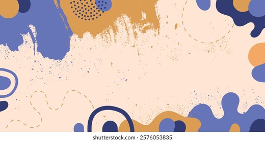 Abstract background with a combination of brown, blue and beige shades, geometric shapes, textured lines and spots.