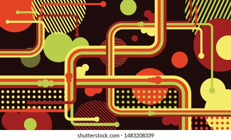 Abstract background. A combination of lines, circles and rectangles in red, yellow, green. Vector style can be used in cover designs, book designs, posters, wallpapers.