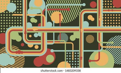 Abstract background. A combination of lines, circles and rectangles in red, blue, yellow, green. Vector style can be used in cover designs, book designs, posters, wallpapers.