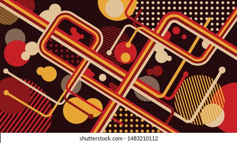 Abstract background. A combination of lines, circles and rectangles in red, yellow. Abstract vector styles can be used in cover designs, book designs, posters, wallpapers.