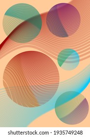 Abstract background combined from semi-transparent waves overlaid with circles. Soft color shades of orange and turquoise. Textile decorative panel for the interior. Modern surealistic background.