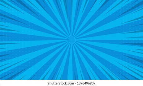 Abstract Background Comic Cartoon Blue Zoom Lines With Halftone Pattern.