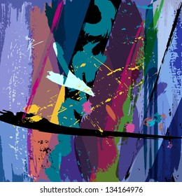 abstract background composition in blue, paint strokes, splashes and stripes