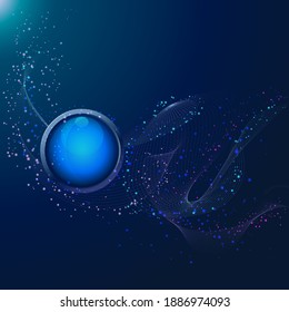 Abstract background composition. Bright splashes of dots on a blue background. Glass light blue sphere in a frame.