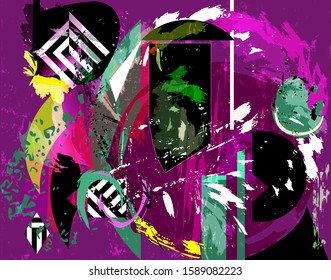 abstract background composition, with circles, geometric lines, strokes and splashes