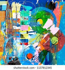 abstract background composition, with circles, paint strokes, splashes and geometric lines