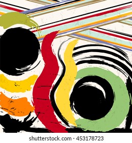 abstract background composition, with circles, stripes, strokes and splashes