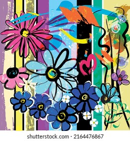 abstract background composition with flowers, paint strokes, splashes and geometric lines