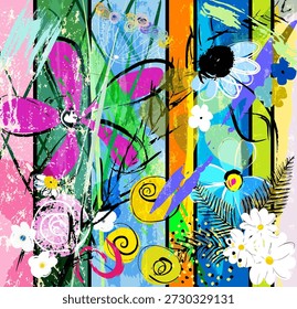 abstract background composition with flowers, with paint strokes, splashes and geometric lines