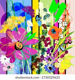 composição abstrata do plano de fundo com flores, com traços de pintura, respingos e linhas geométricas