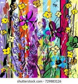 abstract background composition with flowers, paint strokes, splashes and geometric lines