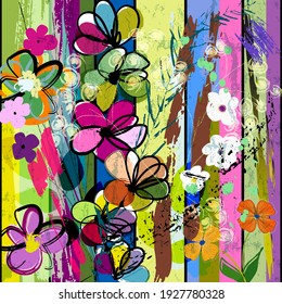 abstract background composition with flowers, stripes, paint strokes and splashes