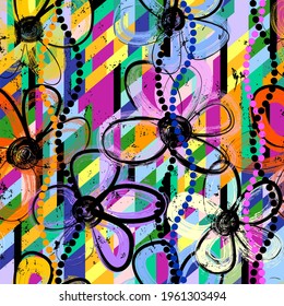 abstract background composition with flowers, stripes, paint strokes and splashes