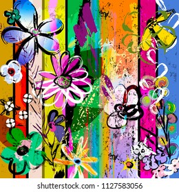 abstract background composition with flowers, with strokes, splashes and geometric lines
