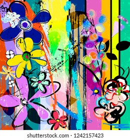 abstract background composition with flowers, with strokes, splashes and geometric lines