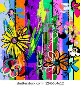 abstract background composition with flowers, with strokes, splashes and geometric lines
