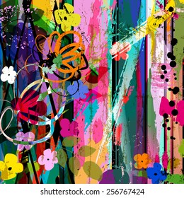 abstract background composition with flowers, with strokes, splashes and geometric lines