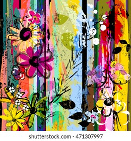 abstract background composition with flowers, with strokes, splashes and geometric lines
