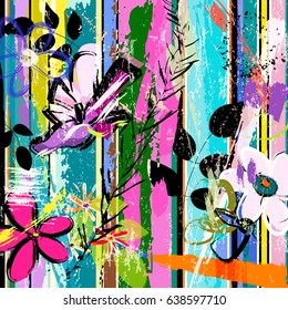 abstract background composition with flowers, with strokes, splashes and geometric lines