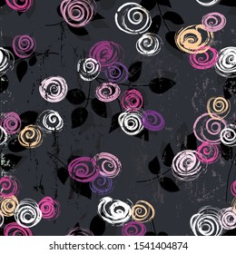 abstract background composition, with flowers/roses, leaves, paint strokes and splashes, seamless