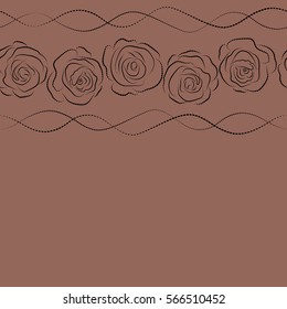 Abstract background composition with horizontal rose flowers in black and beige colors, splashes, doodles and stylized flowers. Summertime vector floral seamless pattern with place for your text.