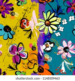 abstract background composition, with paint strokes, splashes and flowers, seamless