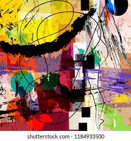 abstract background composition, with paint strokes, splashes and geometric lines