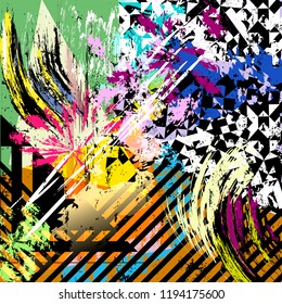 abstract background composition, with paint strokes, splashes and geometric lines