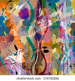 abstract background composition, with paint strokes, splashes and geometric lines
