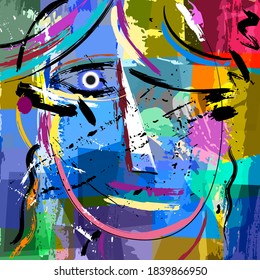 abstract background composition, with paint strokes and splashes, face/mask