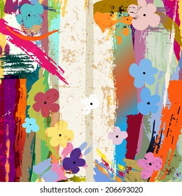 abstract background composition, with paint strokes, splashes and little flowers, summertime