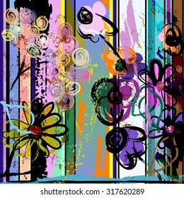 abstract background composition, with paint strokes, splashes and flowers, summertime