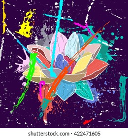 abstract background composition, with paint strokes, splashes and flowers, summertime.geometric flowers