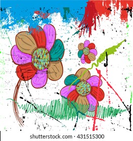 abstract background composition, with paint strokes, splashes and flowers, summertime.geometric flowers