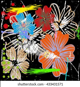 abstract background composition, with paint strokes, splashes and flowers, summertime.geometric flowers