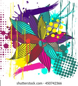 abstract background composition, with paint strokes, splashes and flowers, summertime.geometric flowers
