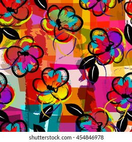 abstract background composition, with paint strokes, splashes and flowers