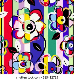 abstract background composition, with paint strokes, splashes and flowers, seamless