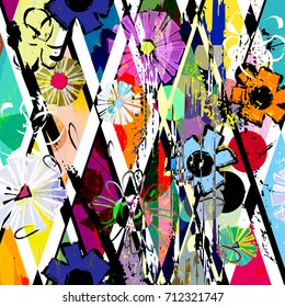 abstract background composition, with paint strokes, splashes and flowers