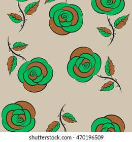 Abstract background composition with rose flowers in beige, brown and green colors, splashes, doodles and stylized flowers. Summertime vector floral seamless pattern.