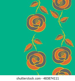 Abstract background composition with rose flowers in gray, green and orange colors, splashes, doodles and stylized flowers. Summertime vector floral seamless pattern.